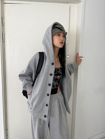 BUTTON OVERSIZED HOODIE ZIP-UP